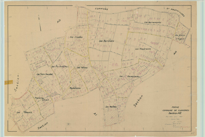 Cumières (51202). Section AE échelle 1/1000, plan renouvelé pour 1957, plan régulier (papier).