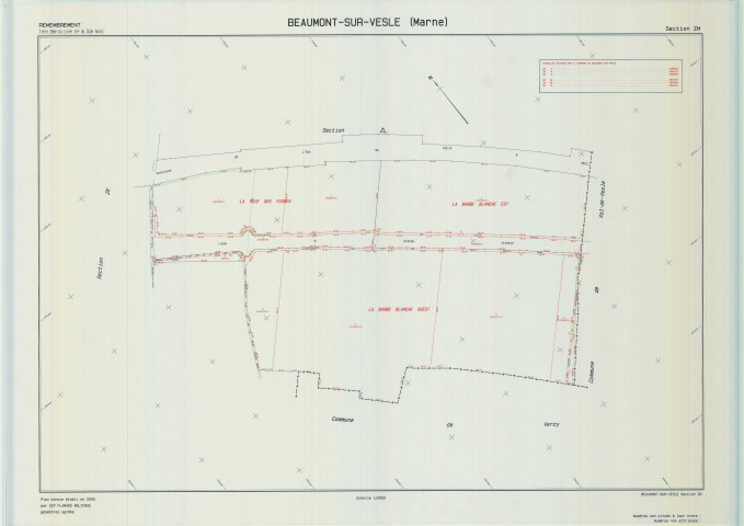 Beaumont-sur-Vesle (51044). Section ZM échelle 1/2000, plan remembré pour 2005, plan régulier de qualité P5 (calque).