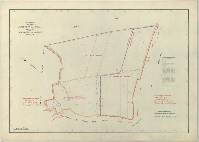 Nuisement-sur-Coole (51409). Section ZI échelle 1/2000, plan remembré pour 1960 (contient une extension sur Écury-sur-Coole section ZA), plan régulier (papier armé)