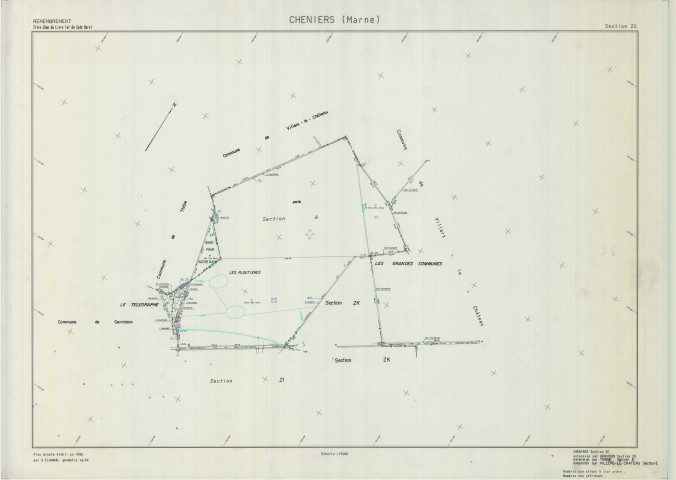 Cheniers (51146). Section ZC 2 échelle 1/5000, plan remembré pour 1992 (extension Germinon section ZO, Thibie section E, Villers-le-château section E), plan régulier (calque)
