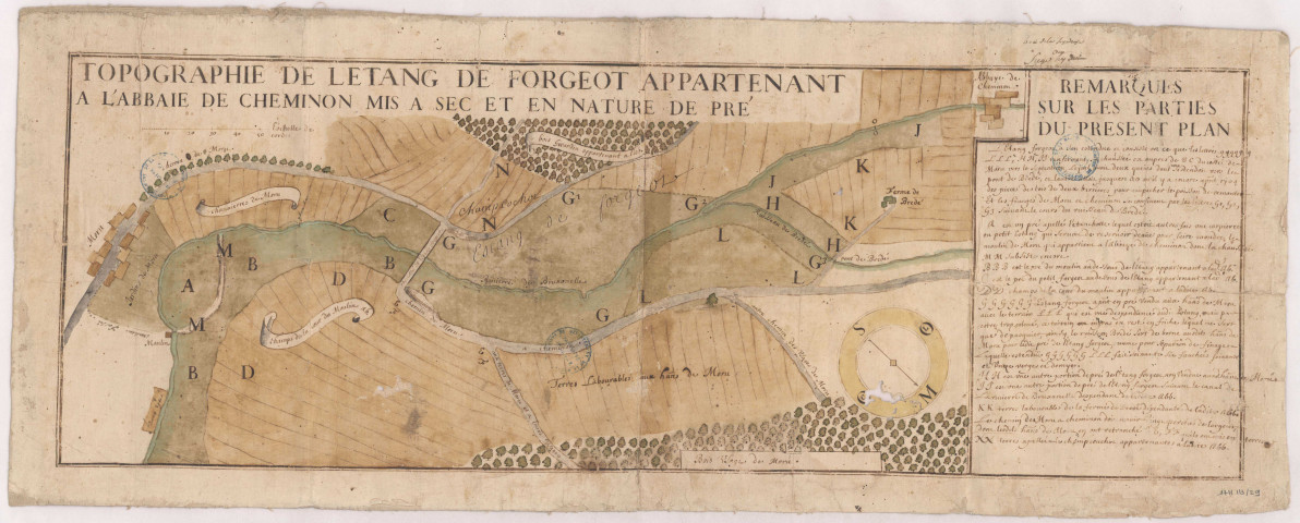 Abbaye de Notre Dame de Cheminon. Topographie de l'étang de Forgeot appartenant a l'abbaye de Cheminon mis a sec et en nature de pré, 1709.