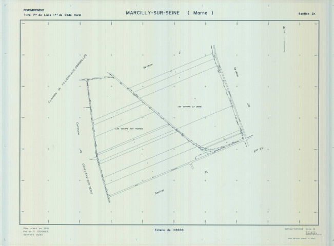 Marcilly-sur-Seine (51343). Section ZK échelle 1/2000, plan remembré pour 01/01/1993, plan régulier de qualité P5 (calque)