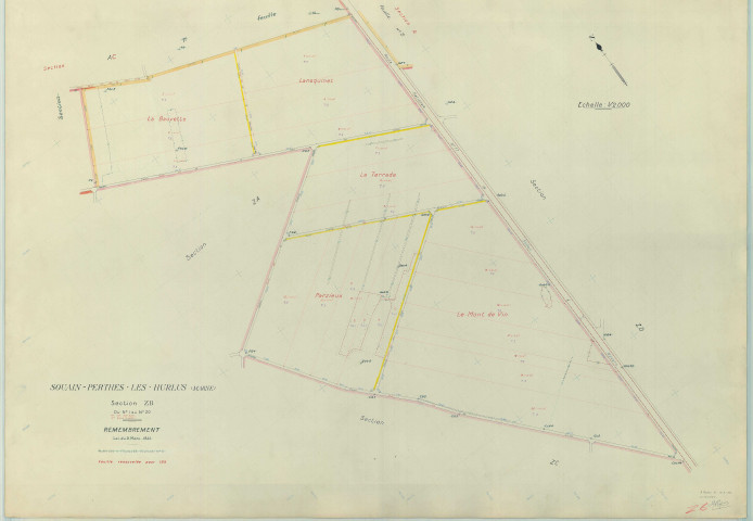 Souain-Perthes-lès-Hurlus (51553). Section ZB échelle 1/2000, plan remembré pour 1956, plan régulier (papier armé)
