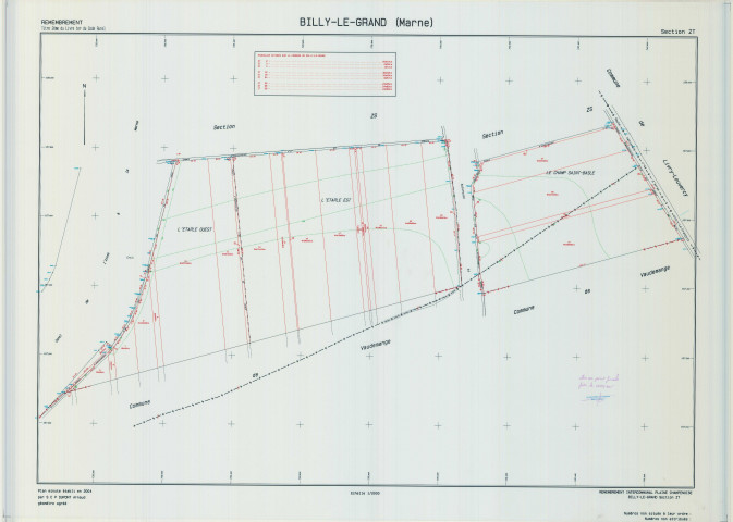 Billy-le-Grand (51061). Section ZT échelle 1/2000, plan remembré pour 2004 (remembrement intercommunal de Plaine Champenoise extension sur Billy-le-Grand), plan régulier (calque)