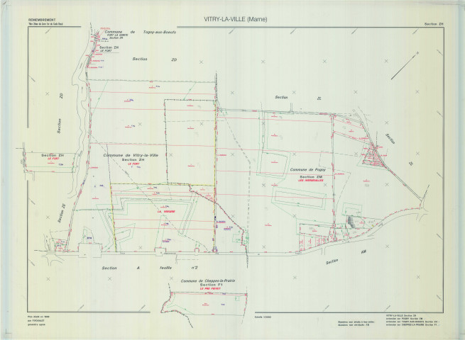 Vitry-la-Ville (51648). Section ZH échelle 1/2000, plan remembré pour 1999 (contient extension sur Pogny section ZM, surTogny- aux-Bœufs section ZH et sur Cheppes-la-Prairie section F1), plan régulier (calque)