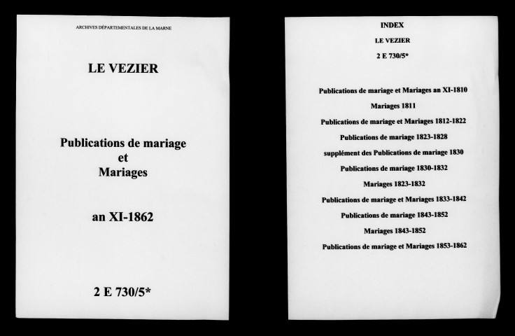 Vézier (Le). Publications de mariage, mariages an XI-1862