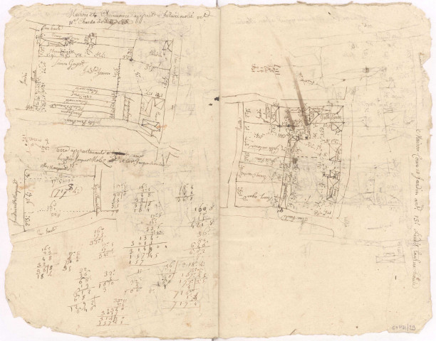 Plan terrier. Village et terroir de Bouy appartenant à Madame l'Abbesse d'Avenay, XVI-XVIIIème s. lieudit "la rue haute" maison, cour et jardin.