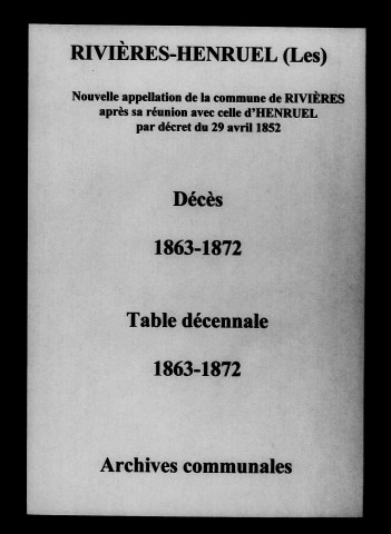 Rivières-Henruel (Les). Décès et tables décennales des naissances, mariages, décès 1863-1872