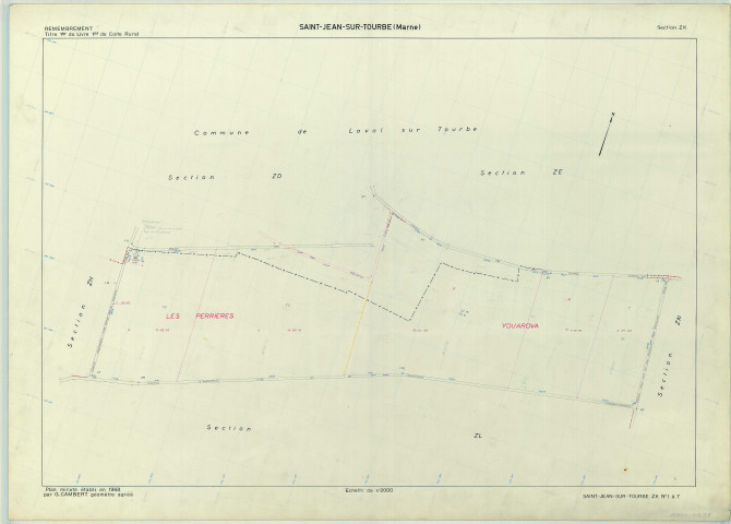 Saint-Jean-sur-Tourbe (51491). Section ZK échelle 1/2000, plan remembré pour 1968, plan régulier (papier armé)