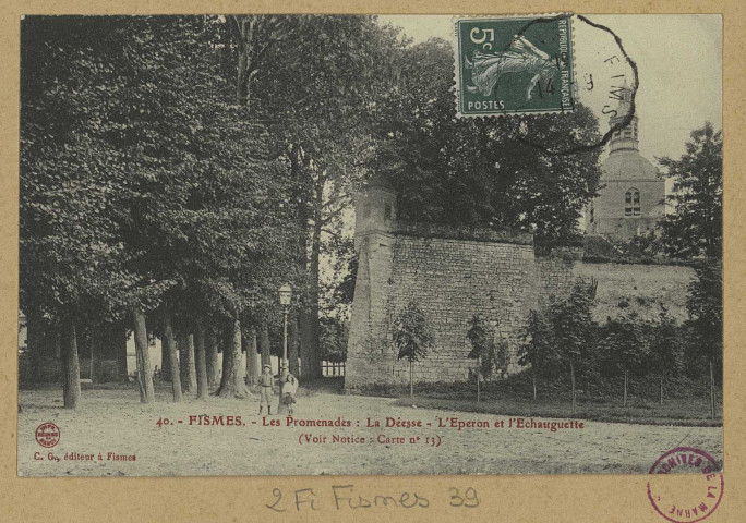 FISMES. 40. Les Promenades : La Déesse-L'Éperon et l'Échauguette (voir notice : carte n° 13).
FismesÉdit. C. G.[vers 1911]