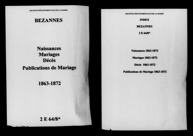Bezannes. Naissances, mariages, décès, publications de mariage 1863-1872