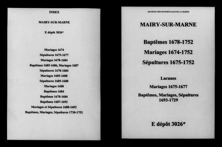Mairy-sur-Marne. Baptêmes, mariages, sépultures 1674-1752