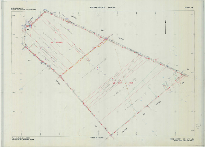 Beine-Nauroy (51046). Section ZN échelle 1/2000, plan remembré pour 1988, plan régulier de qualité P5 (calque).