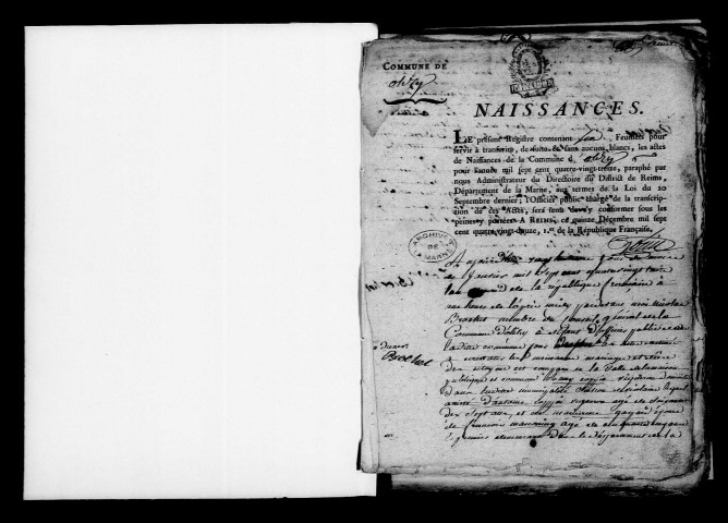 Olizy. Naissances, mariages, décès, publications de mariage 1793-an X