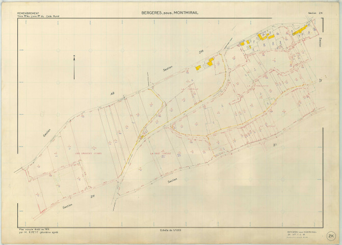 Bergères-sous-Montmirail (51050). Section ZK échelle 1/1000, plan remembré pour 01/01/1974, régulier avant 20/03/1980 (papier armé)