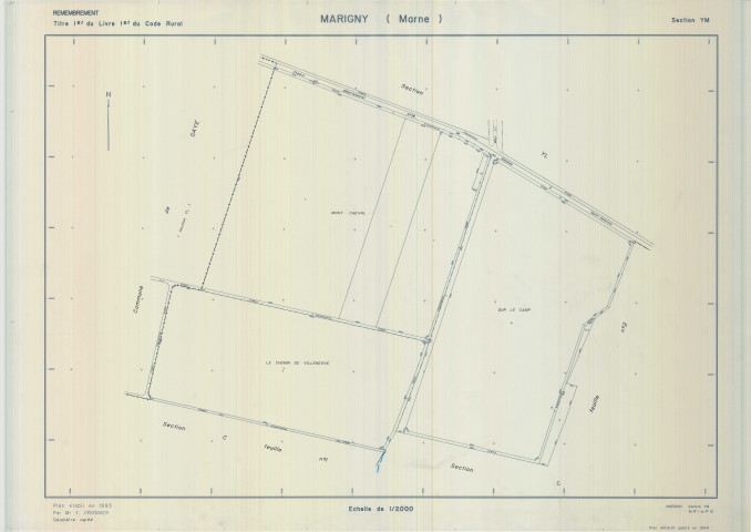 Marigny (51351). Section YM échelle 1/2000, plan remembré pour 01/01/1994, plan régulier de qualité P5 (calque)