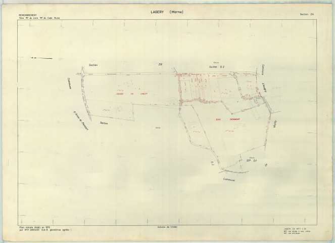 Lagery (51314). Section ZA échelle 1/2000, plan remembré pour 1974, plan régulier (papier armé).