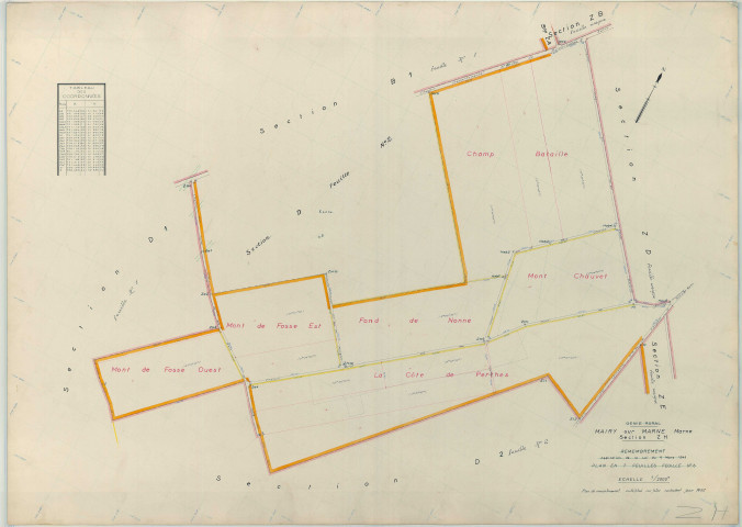 Mairy-sur-Marne (51339). Section ZH échelle 1/2000, plan remembré pour 1956, plan régulier (papier armé)