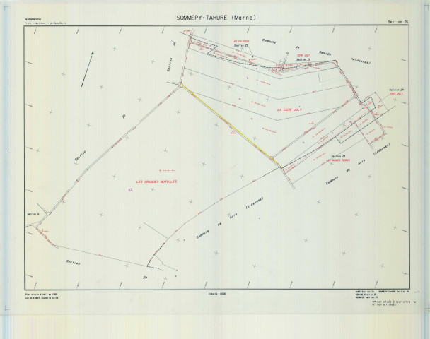 Sommepy-Tahure (51544). Section ZK échelle 1/2000, plan remembré pour 1985 (extension Aure (Ardennes) ZA Semide (Ardennes) sections ZR et ZS), plan régulier (calque)