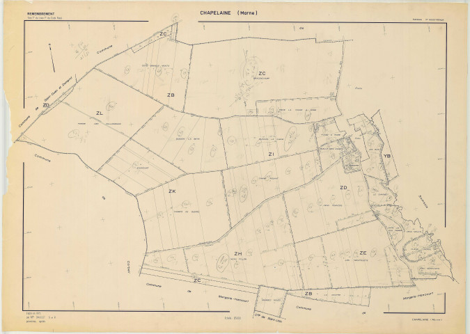 Chapelaine (51125). Tableau d'assemblage échelle 1/5000, plan remembré pour 1970, plan régulier (papier)