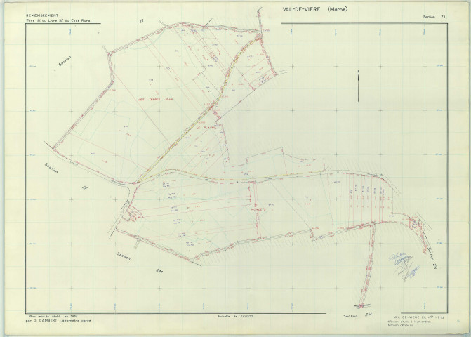 Val-de-Vière (51218). Section ZL échelle 1/2000, plan remembré pour 1987, plan régulier (papier armé)