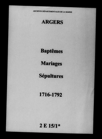 Argers. Baptêmes, mariages, sépultures 1716-1792