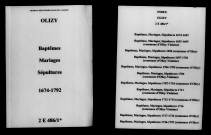 Olizy. Baptêmes, mariages, sépultures 1674-1792