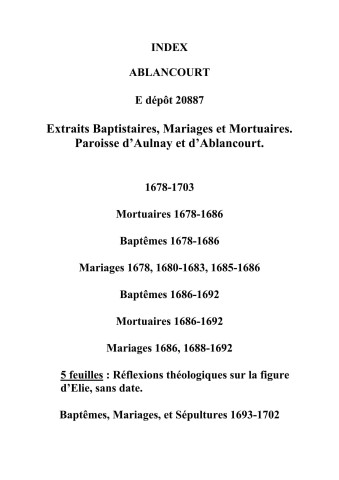 Ablancourt. Sépultures, baptêmes, mariages 1678-1703