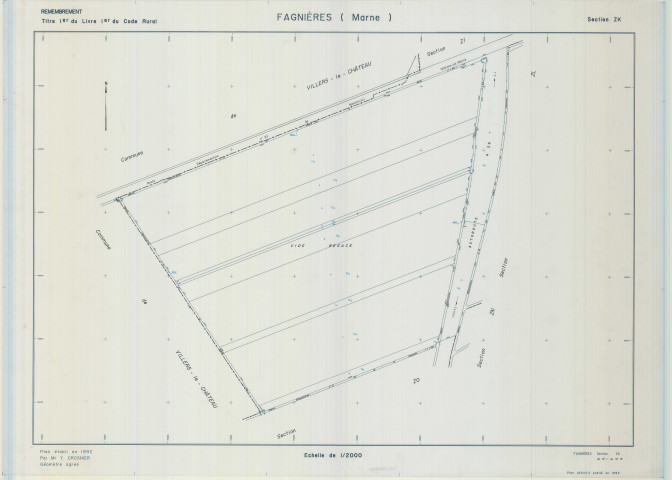 Fagnières (51242). Section ZK échelle 1/2000, plan remembré pour 1992, plan régulier (calque)