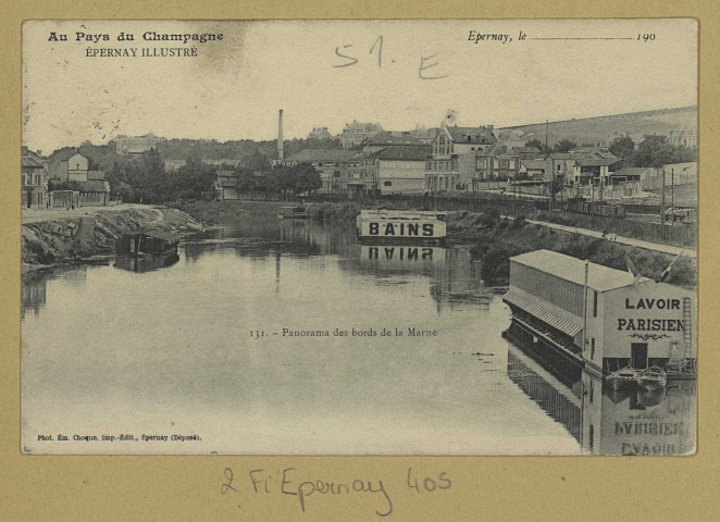ÉPERNAY. Au pays du Champagne. Épernay illustré-131-Panorama des bords de la Marne / E. Choque, photographe à Épernay.
EpernayE. Choque (51 - EpernayE. Choque).[vers 1905]