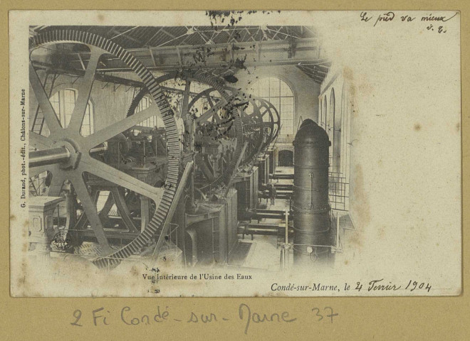 CONDÉ-SUR-MARNE. Vue intérieure de l'usine des eaux / G. Durand, photographe.
Châlons-sur-MarneÉdition G. Durand.[vers 1904]