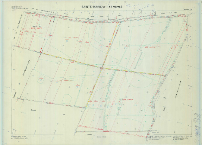 Sainte-Marie-à-Py (51501). Section ZW échelle 1/2000, plan remembré pour 1982 (extension sur Saint-Souplet-sur-Py section ZH), plan régulier (calque)