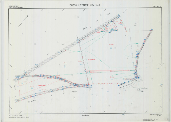Bussy-Lettrée (51099). Section YW échelle 1/2000, plan remembré pour 1991, plan régulier (calque)
