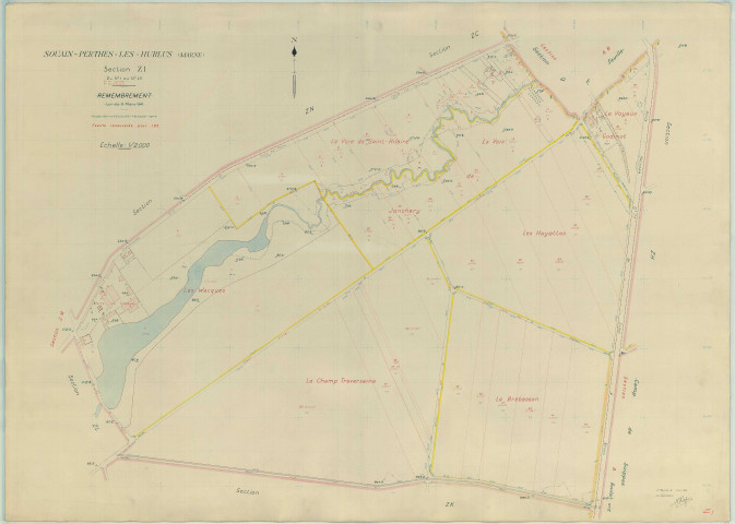 Souain-Perthes-lès-Hurlus (51553). Section ZI échelle 1/2000, plan remembré pour 1956, plan régulier (papier armé)