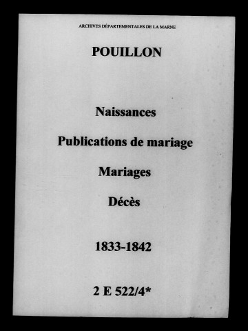 Pouillon. Naissances, publications de mariage, mariages, décès 1833-1842