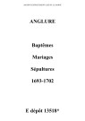 Anglure. Baptêmes, mariages, sépultures 1693-1702