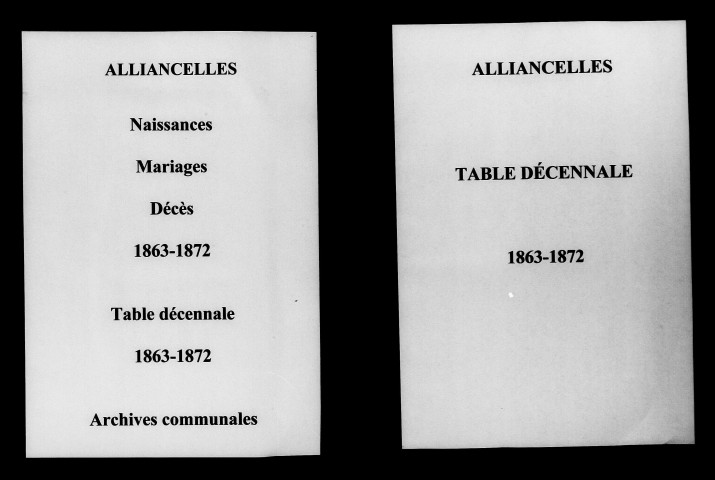 Alliancelles. Naissances, mariages, décès et tables décennales des naissances, mariages, décès 1863-1872