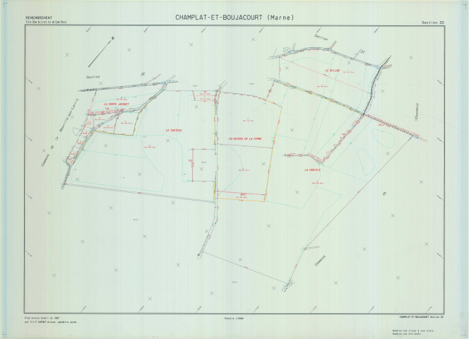 Champlat-et-Boujacourt (51120). Section ZD échelle 1/2000, plan remembré pour 1998, plan régulier de qualité P5 (calque).