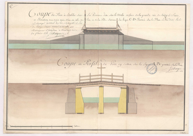 Suisy le Franc. Coupe du pont à établir sur la rivière ditte sur le Melin en face de la grande rue de Suizy le Franc, dréssé par M. Lechangeur, 1772.