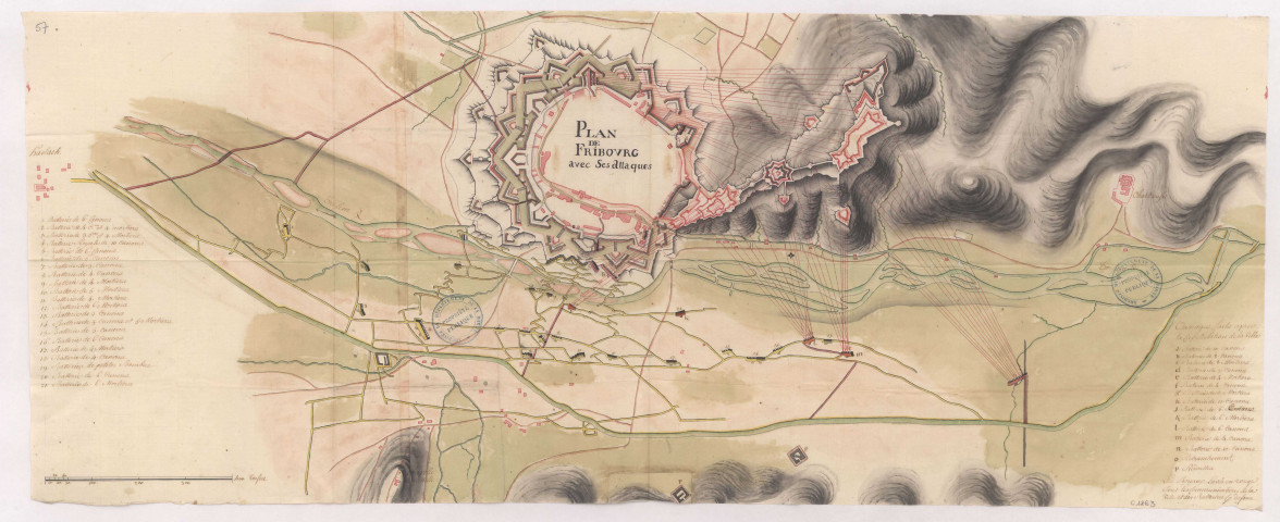 Plan de Fribourg avec ses attaques, 1744.