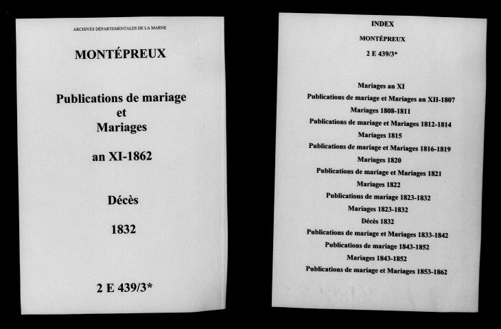 Montépreux. Publications de mariage, mariages, décès an XI-1862