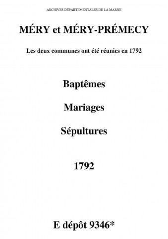 Méry. Baptêmes, mariages, sépultures 1792