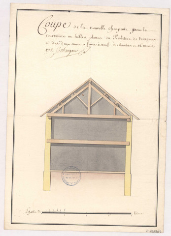 Coupe de la nouvelle charpente pour la couverture en feuilles plates du presbytère de Voipreux et des deux murs à refaire à neuf, 1728-1779.