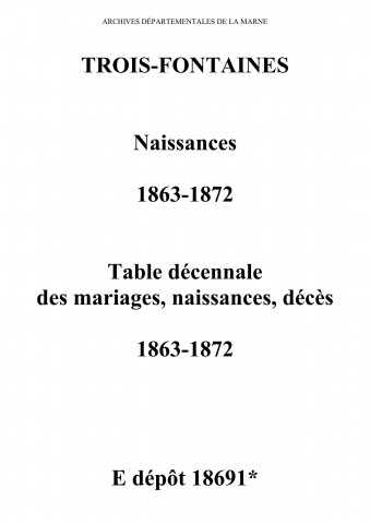 Trois-Fontaines. Naissances et tables décennales des naissances, mariages, décès 1863-1872