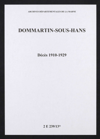 Dommartin-sous-Hans. Décès 1910-1929