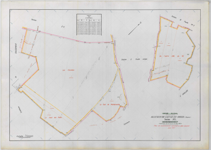 Allemanche-Launay-et-Soyer (51004). Section ZL échelle 1/2000, plan remembré pour 01/01/1957, plan régulier de qualité P5 (papier armé)