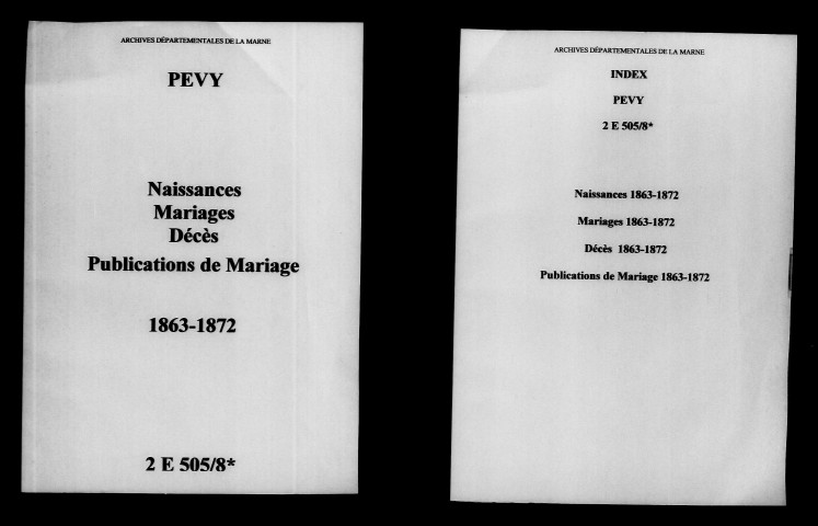 Pévy. Naissances, mariages, décès, publications de mariage 1863-1872