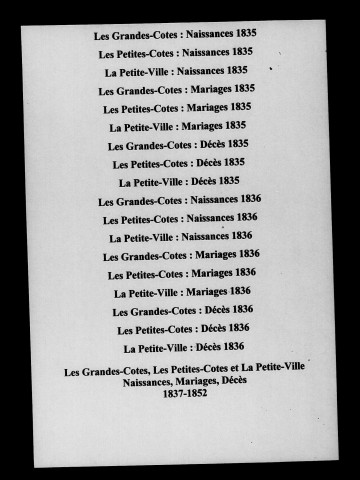Grandes-Côtes (Les). Petites-Cotes (Les). Petite-Ville (La). Naissances, mariages, décès 1833-1852