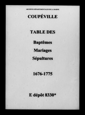 Coupéville. Tables des baptêmes, mariages, sépultures 1676-1775
