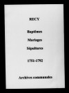Recy. Baptêmes, mariages, sépultures 1751-1792